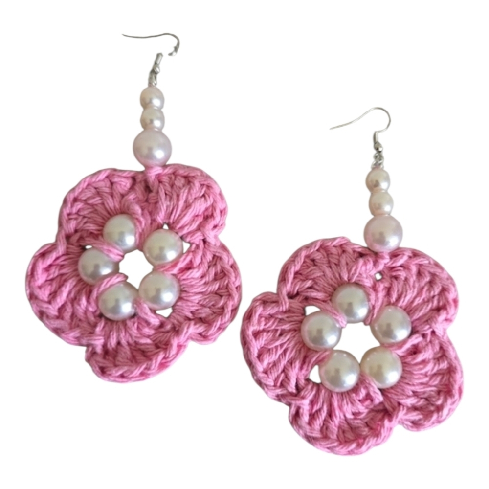 Pink Crochet Faux Pearl Boho Chic Silver Drop Dangle Earrings Handmade